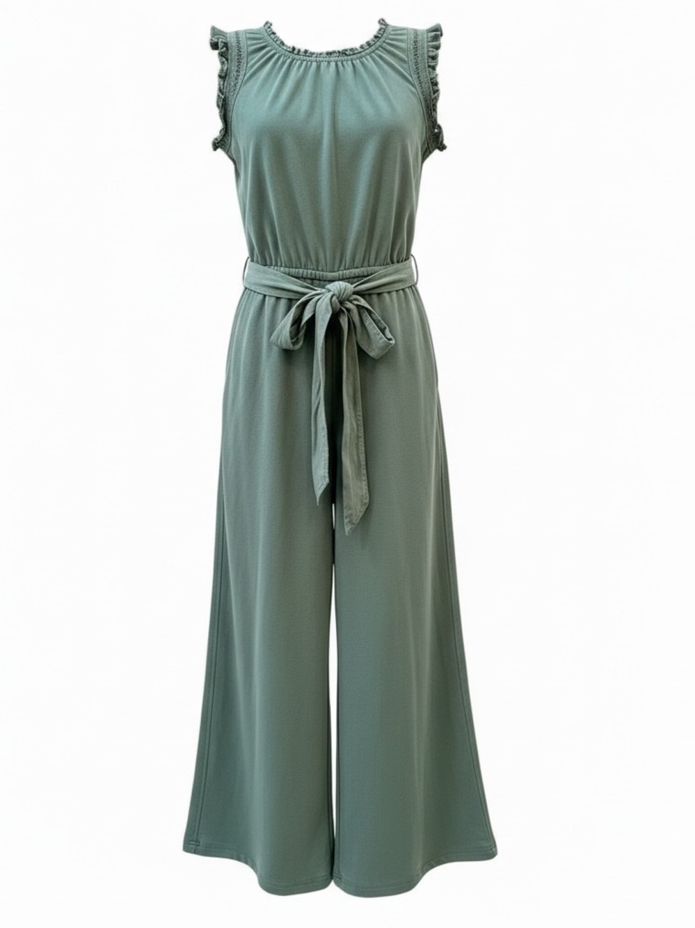 SUNDAYS sage green sleeveless ruffle trim wide leg crop jumpsuit size 1 (small)